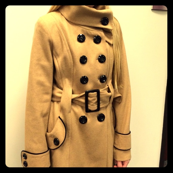 Tan wool trench coat with black piping/details