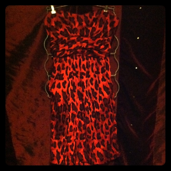 Red Leopard Print Strapless Party Dress