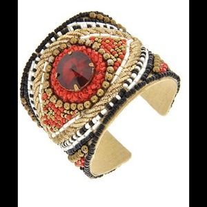 Red & Black Seed Bead & Glass Cuff Bracelet