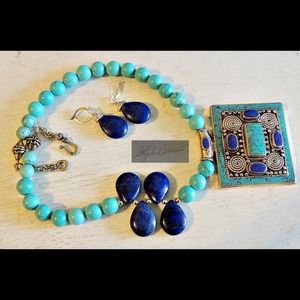 Antique Style Nepal Lapis Turquoise Brass Necklace