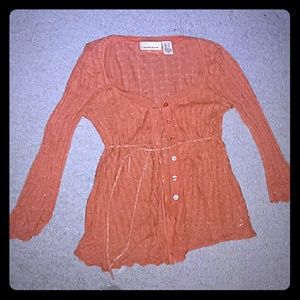 DKNY orange 3/4 flare sleeve crochet cardigan