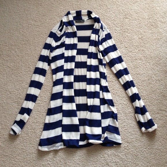 Long Navy and Cream striped Open Cardigan