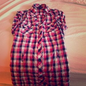 White black and fuchsia checkered plaid shirt