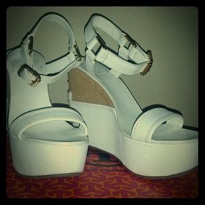 Tory Burch white/tan high wedge sandal