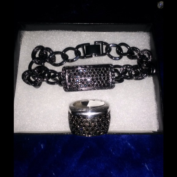 Mens black rhinestone bracelet & ring