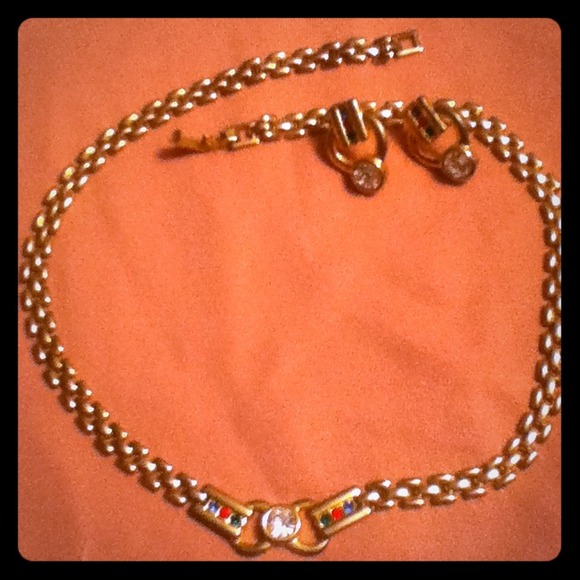 Gold and Rhinestone Earring and Necklace Pair
