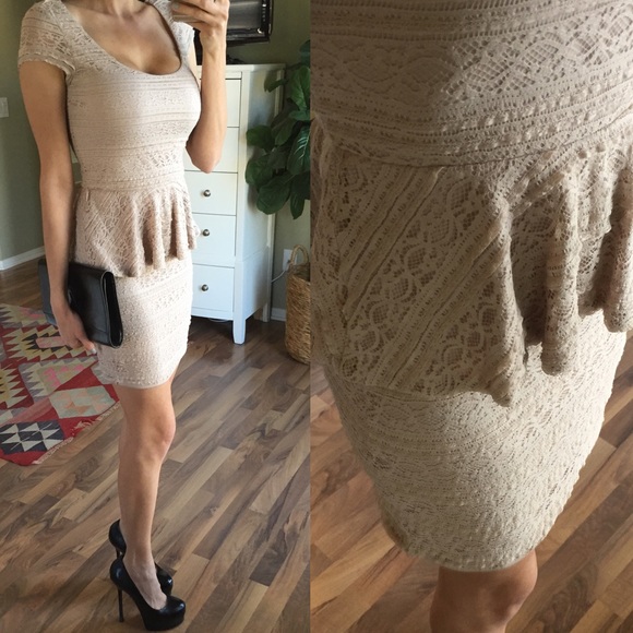 SOLD Beige Lace Peplum Dress - Picture 2 of 4