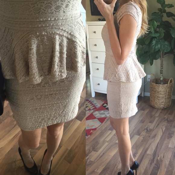 SOLD Beige Lace Peplum Dress - Picture 3 of 4