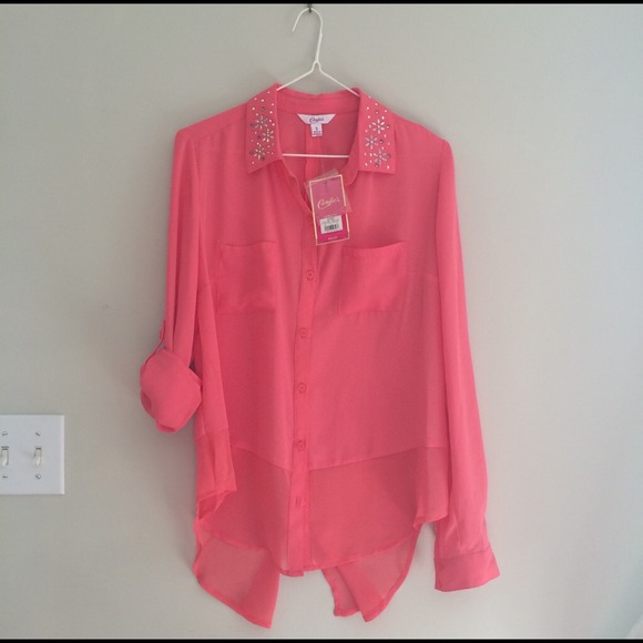 Jewel Embellished Coral Buttondown