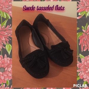 Black suede tasseled flats