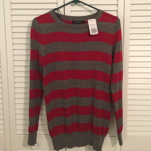 red and grey striped sweater