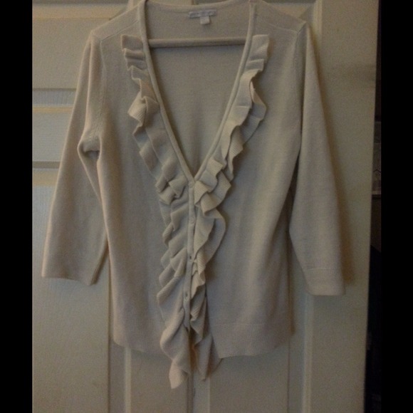 NY & Co. cream/beige v neck cardigan with ruffles