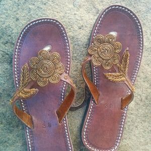 Metallic colored, beaded, flower sandals