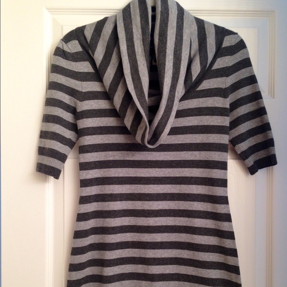 Grey and charcoal cowlneck striped sweater dress