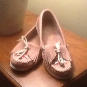 Powder pink Minnetonka moccasins.