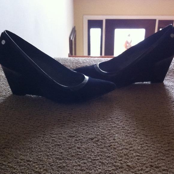 Black suede wedge heels