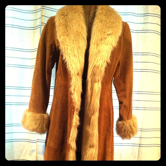 Long leather coat with faux fur