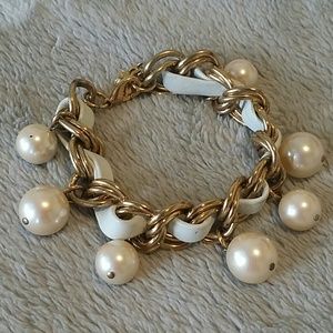 White leather & Gold  w/ Dangling Pearls Bracelet
