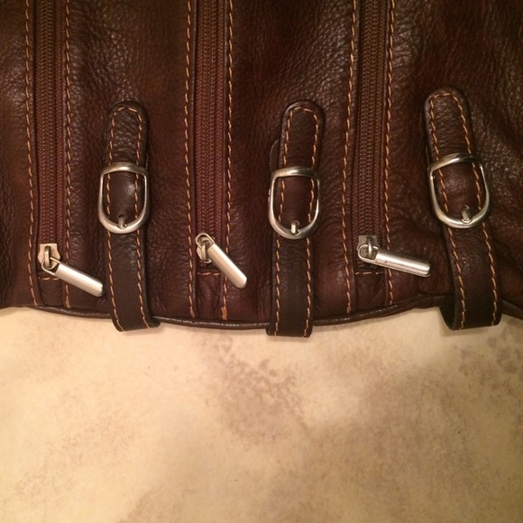 Chocolate Leather Trendy Handbag with buckles - Picture 3 of 3