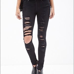Low Rise Black Distressed Jeans from Forever 21