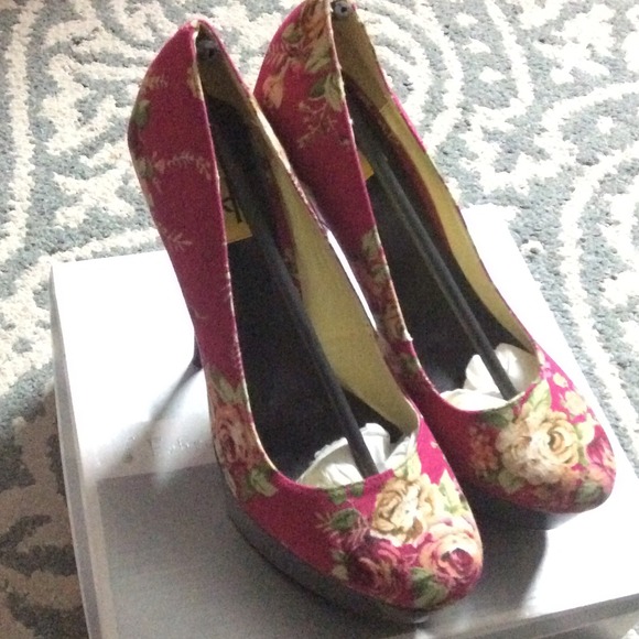 Pink floral platform heels