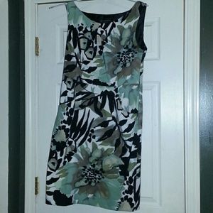 Floral dress with shades of green, taupe, & black