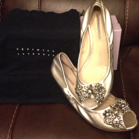 Vera Wang Lavender Silver Leather Crystal Flats