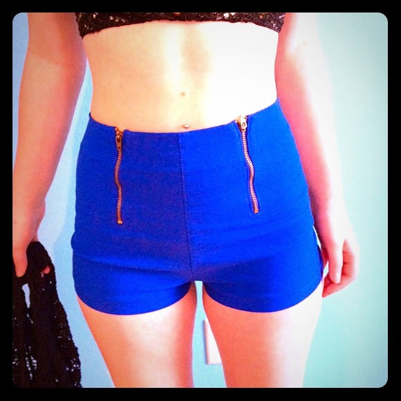 Blue Zippered high-waisted shorts