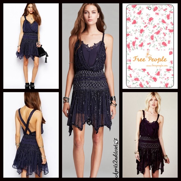 Free People Dresses & Skirts - Free People $250 Shimmer Tea Beaded Blue Dress