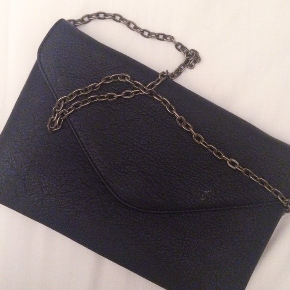 Black leather clutch with antique gold chain strap