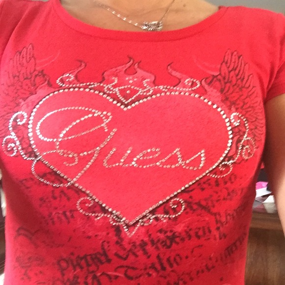 Guess Red Heart Rhinestone Cute for Valentines Tee - Picture 1 of 4