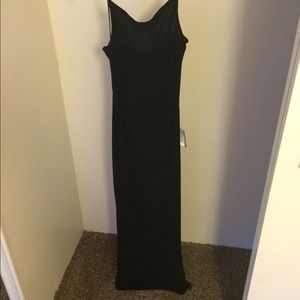 Full length, high neckline, black evening dress