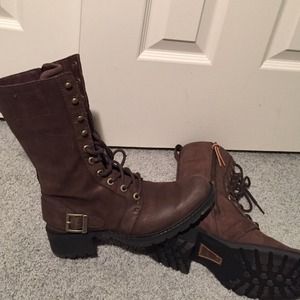 Dark brown leather boots.