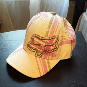 White, pink, and grey Fox hat