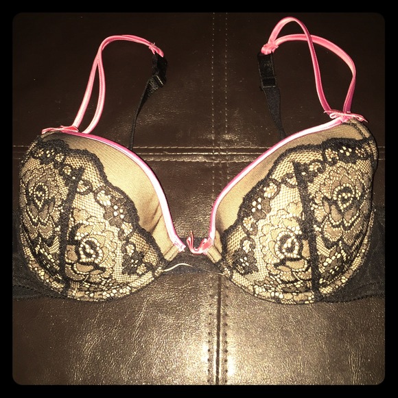 Lacy black and hot pink bra!