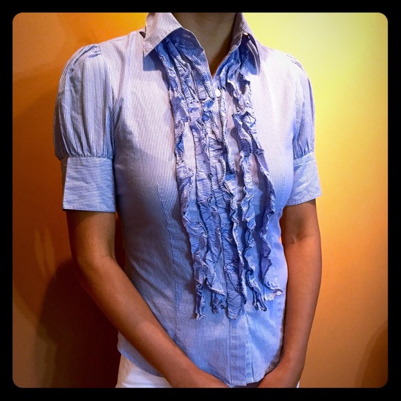 Blue & white blouse with ruffles and puff sleeves