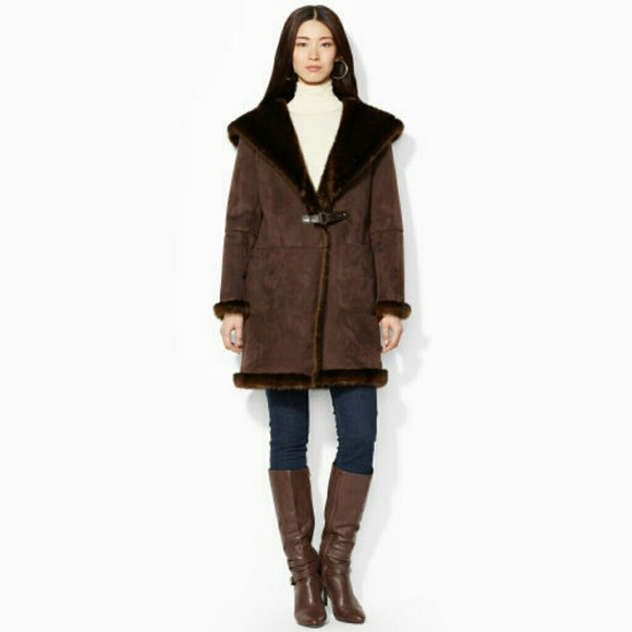 Hooded leather coat with faux fur interior  Small