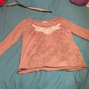 Grey long-sleeve top with white lace detail
