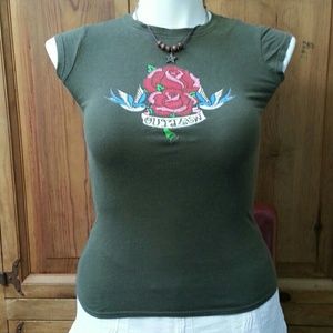 Tattoo Rose Sparrow Outlaw Army Green Tee Shirt