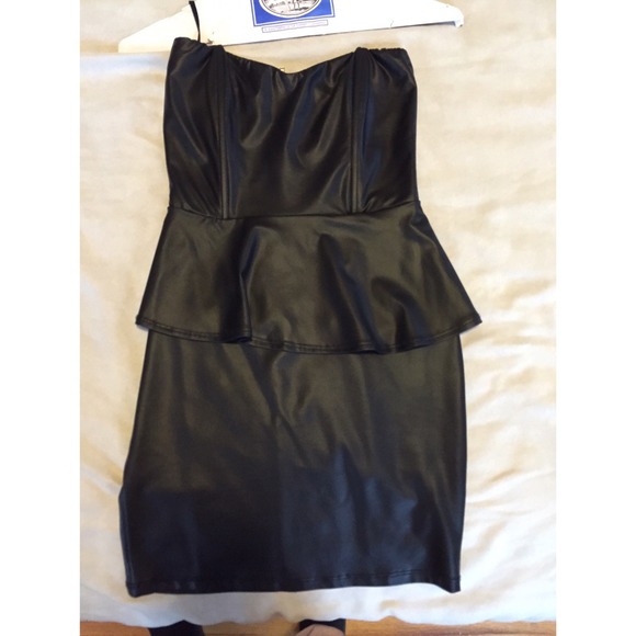 Black peplum strapless pleather mini dress