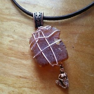 Brown Seaglass Necklace with Copper Mermaid