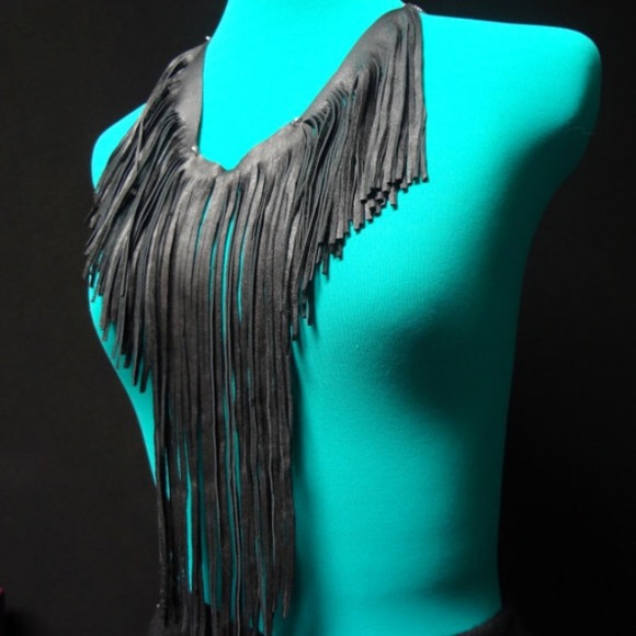 "STRIPPED" Fringe Leather Statement Necklace - Picture 3 of 3