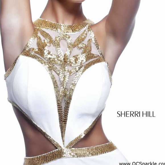 Sherri Hill 11124 white and gold jersey dress