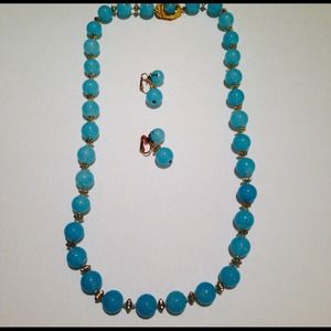 Vintage Vogue pale blue bead necklace and earrings