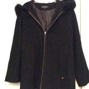 Wool dress coat with fur trim hood