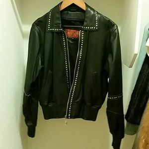 Genuine leather studded bomber jacket