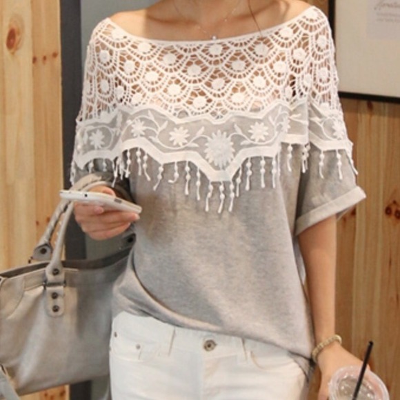 Grey top with white lace detail