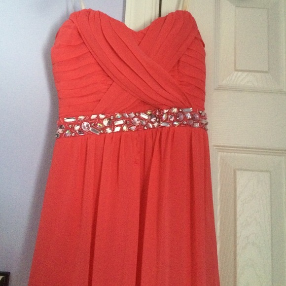 Strapless coral prom dress
