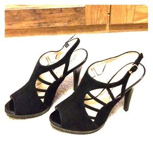 Audrey Brooke black strappy cutout heels