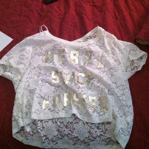 White cream high low crop top. With lace and gold